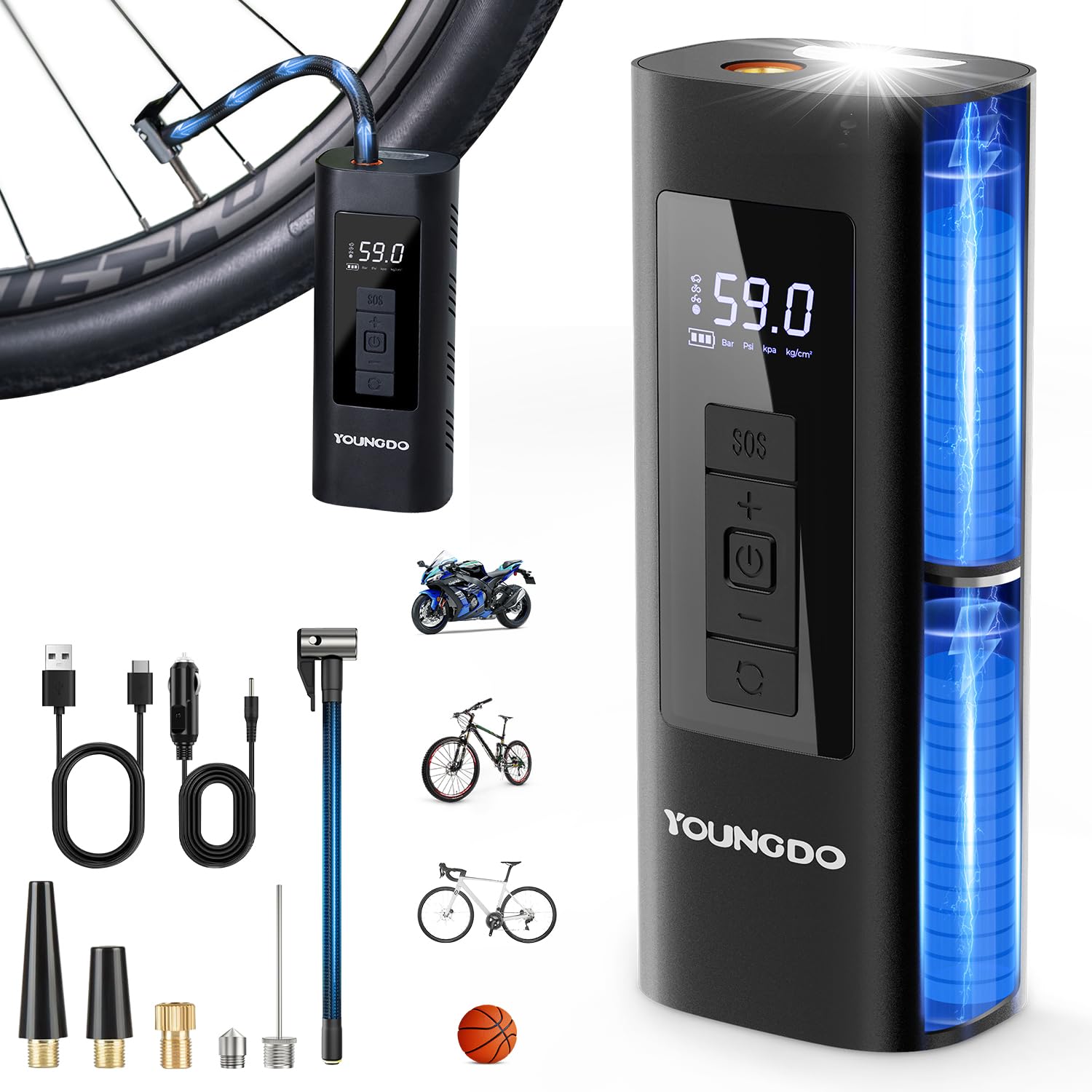 Pompe à Vélo Électrique 150PSI YOUNGDO Compresseur à Air Portatif 6000mAh