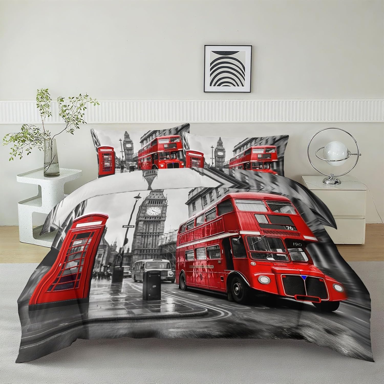 Funda Nordica Cama 105 Juvenil Escena de la Calle de Londres Funda Edredon 200x200 Autobús Rojo 3D Fundas de Edredón Microfibra Ropa de Cama de 3 Piezas con Cremallera y 2 Fundas de Almohada K-1384