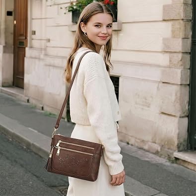 Small Crossbody Bags for Women,Vegan Leather Crossbody Purse with Tassel Multi Pocket Everyday Shoulder Handbag