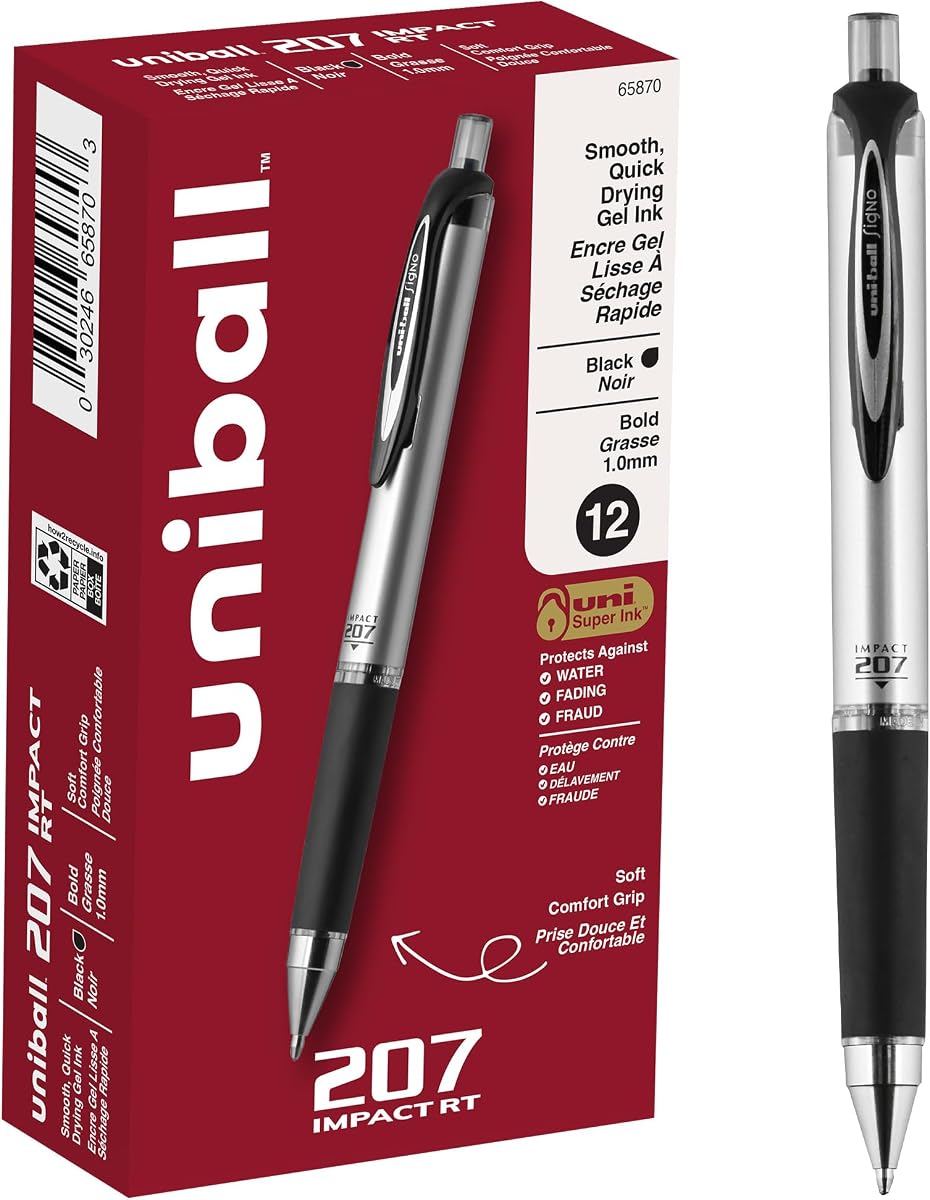 uniball™ 207 Impact Gel Pens, Bold Point (1.0mm), Black, 12 Pack | Auto-retracting clip protects against marks & stains, bold gel ink lay-down, fraud-resistant uni Super Ink, fade-resistant