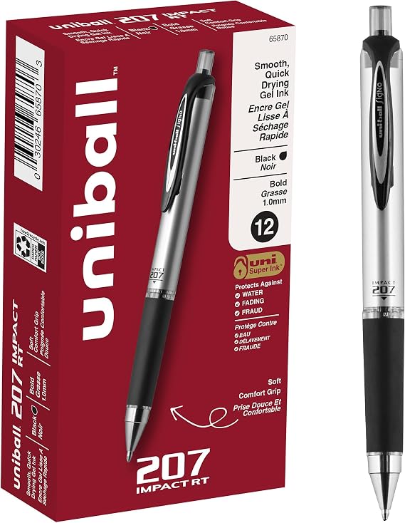 uniball 207 Impact Retractable Gel Pens, Bold Point (1.0mm), Black, 12 Pack