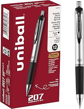 uniball 207 Impact Retractable Gel Pens, Bold Point 1.0mm, Black, 12 Pack