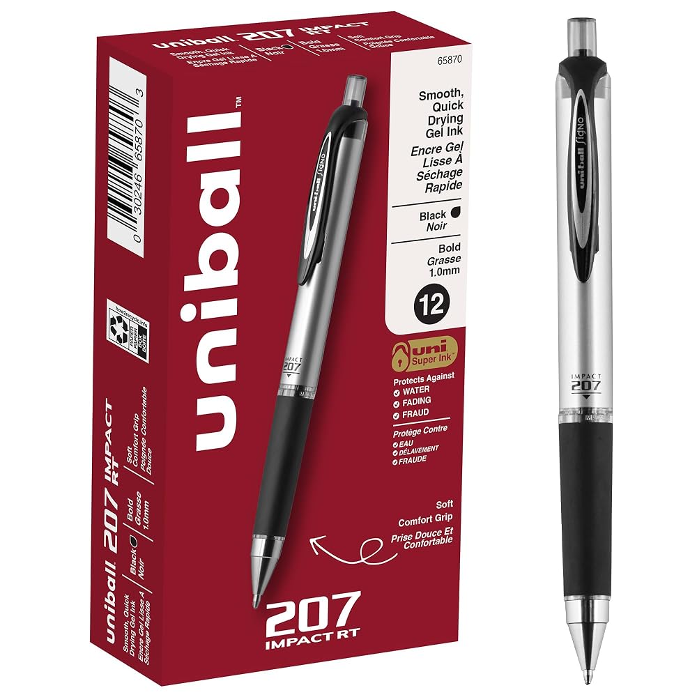 uniball™ 207 Impact Gel Pens, Bold Point (1.0mm), Black, 12 Pack