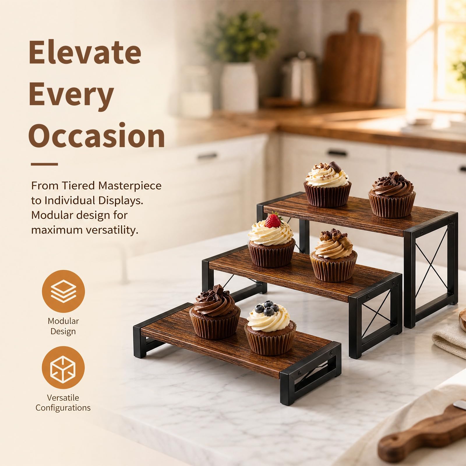 Soporte para Cupcakes de Madera 3 Niveles,Expositor Escalonado Apilable