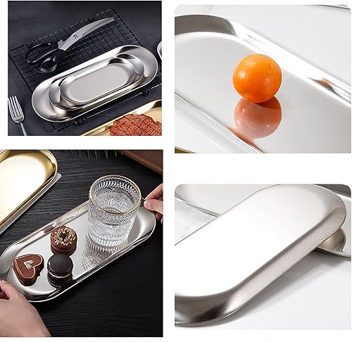 Miniatura 5 de 4 bandejas para baratijas de 7 x 3.3 pulgadas, acero inoxidable plateado, para bandejas de servir, toallas, platos, platos de té, frutas, plato de