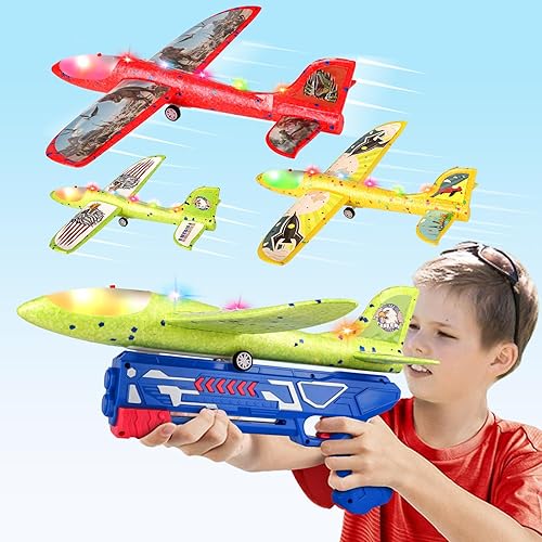 Paquete de 3 lanzadores de aviones de juguete para niños, avión planeador de espuma LED de 12.6 pulgadas, 2 modos de vuelo, catapulta avión con