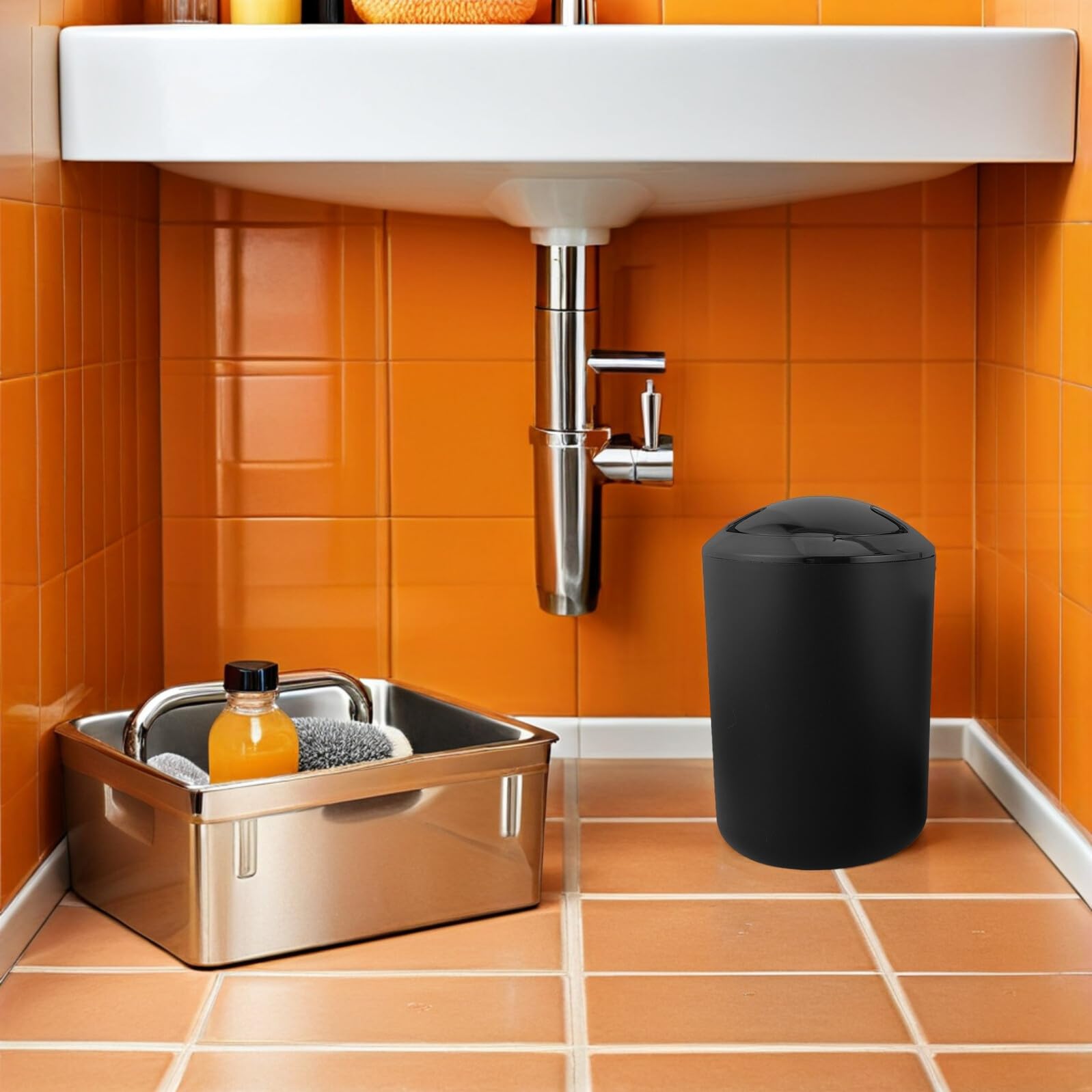Set de Accesorios de Baño Negro de Plástico con Dispensador de Jabón, Porta Cepillos, Jabonera, Escobilla y Cubo de Basura para Organizar el Baño