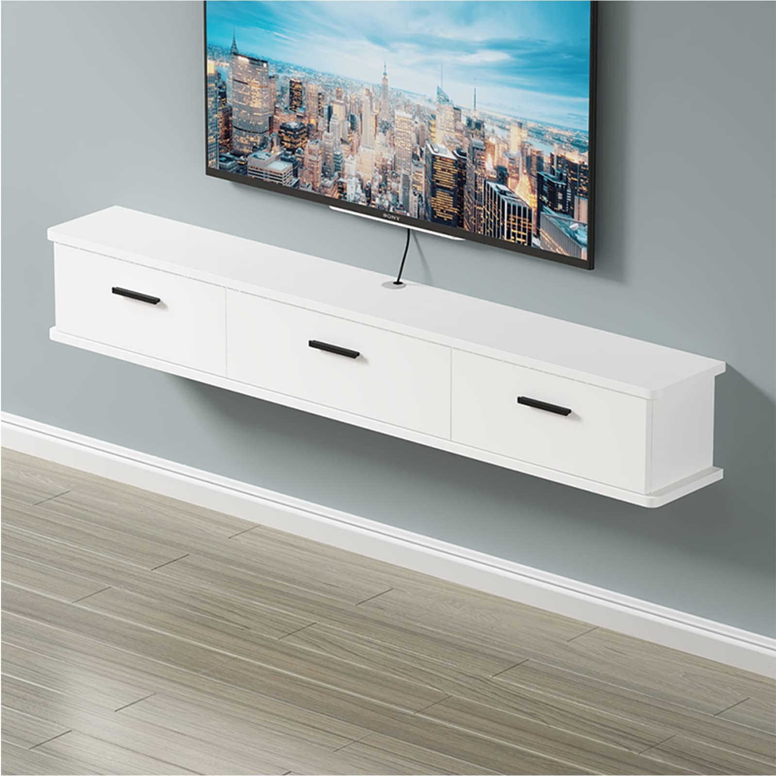 Wandmontierte TV-Einheit, schwebender TV-Ständer, Wandmontage, Entertainment-Center, TV-Schrank mit 3 Türen, Wohnzimmer, Schlafzimmer, TV-Wandregal für Router, Set-Top-Box, Projektor,