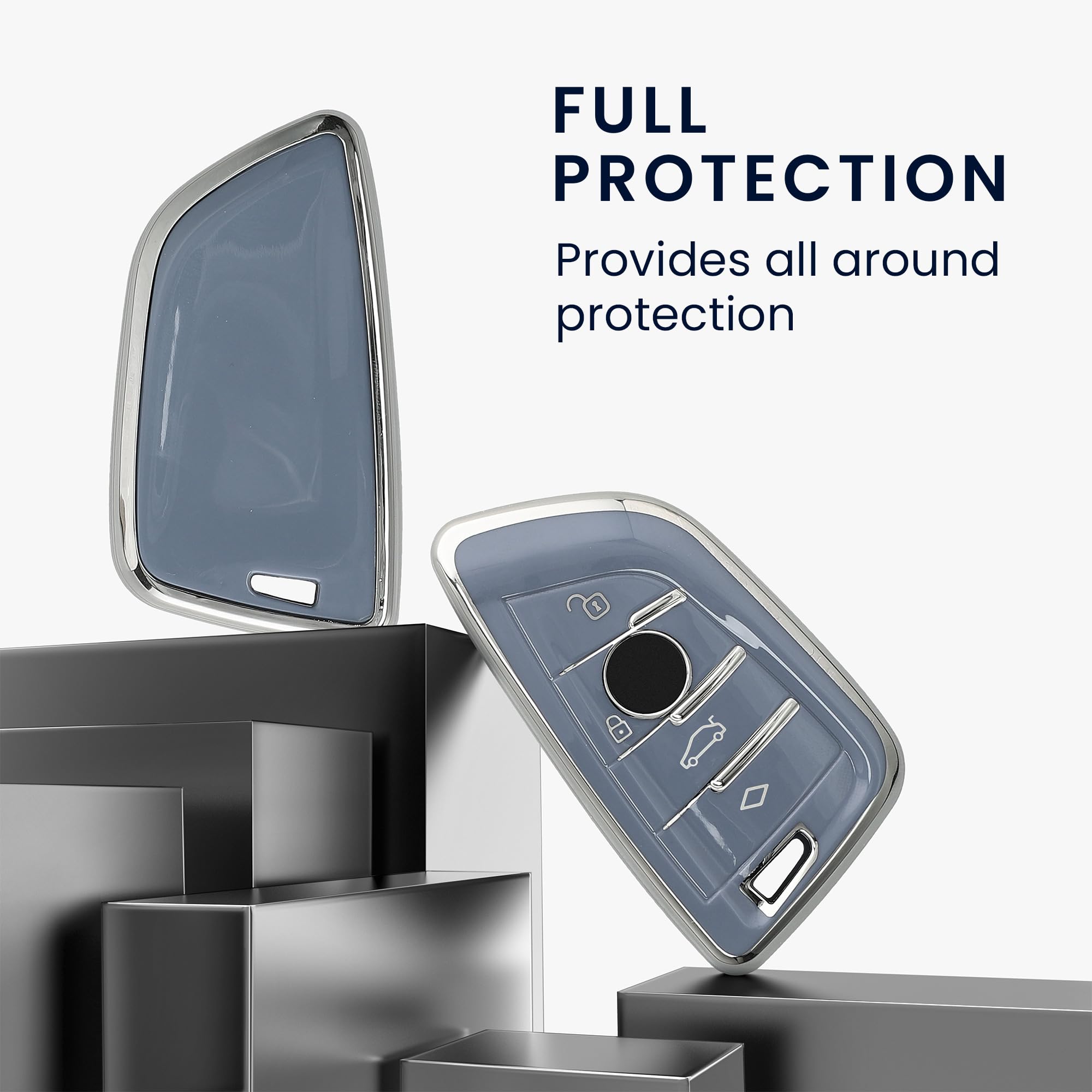 kwmobile Key Cover Compatible with BMW 3 Button Car Smart Key - Fob Case Protector - Blue/Silver, blue / silver - Image 2