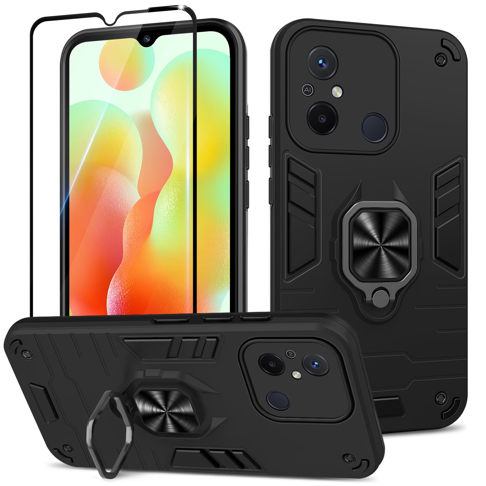 Funda para Samsung Galaxy A13 4G con Cristal Templado Protector Pantalla, Carcasa Antigolpes con Soporte anular metálico, Case Protectora de Grado Militar, Negro — view 83