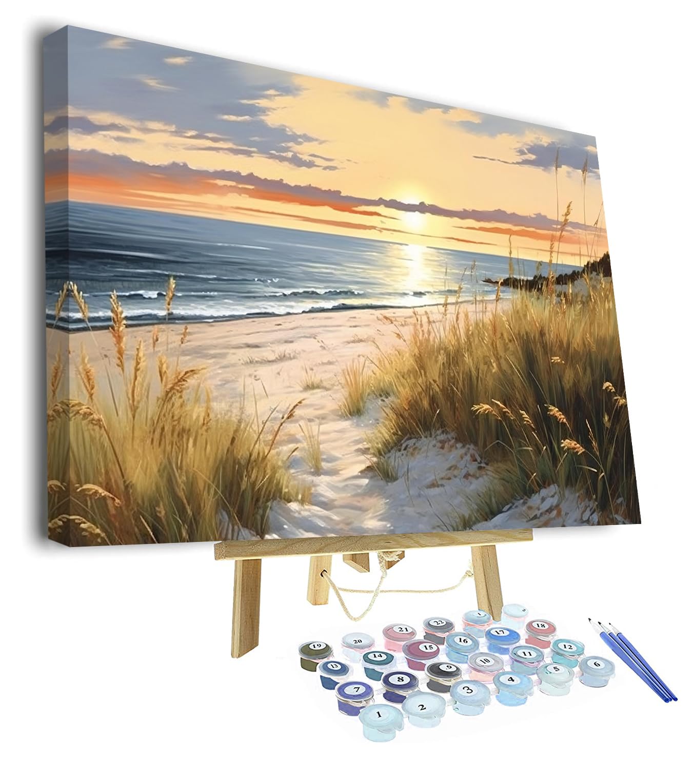 TISHIRON Gemälde von Hand Malen nach Zahlen Erwachsene Malsets für Erwachsene mit Pinseln Sonnenuntergang am Meer Malen nach Zahlen auf Leinwand Acryl Pigment Kunsthandwerk 16x20inch mit Rahmen