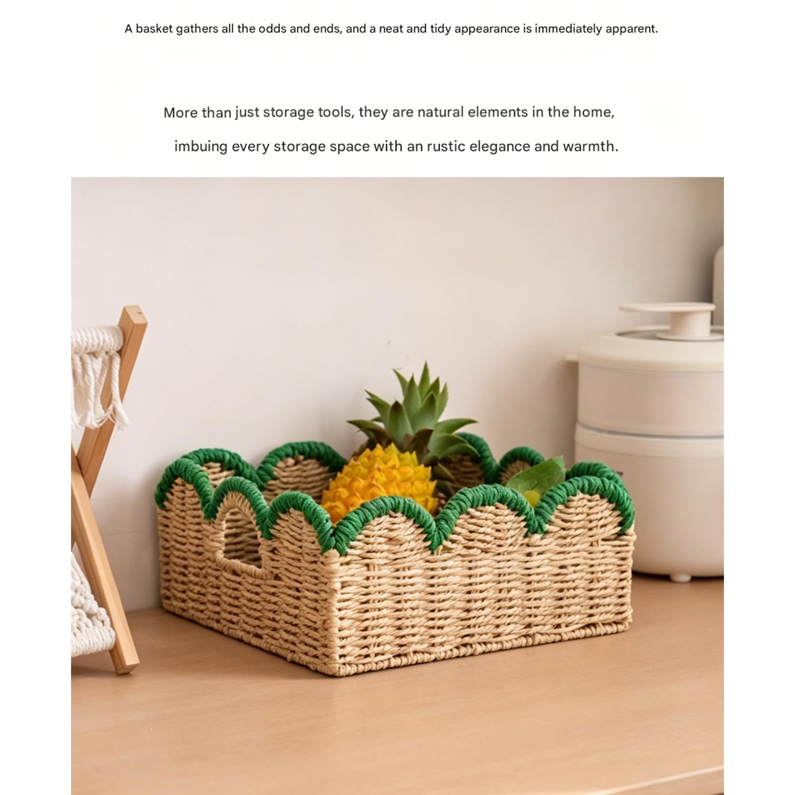 De 2 cestas de Cuerda de Fibra de Verde Tejidas a Mano, organizadores de Almacenamiento de Estilos japoneses para decoración del hogar, Cesta de Fibra Natural