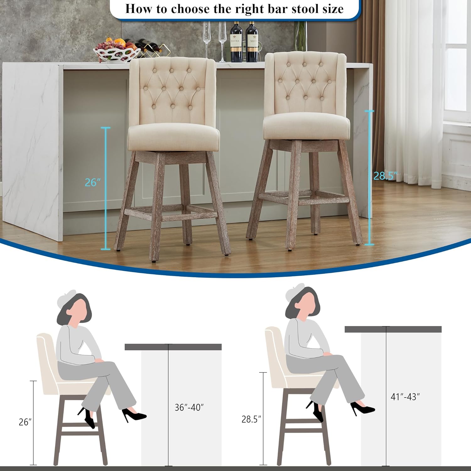 26" Swivel Bar Stools Set of 2, Counter Height Barstools with Back, Linen Fabric Upholstered Bar Stools, Modern Barstools Wood Legs for Kitchen Island Dining Room Bar