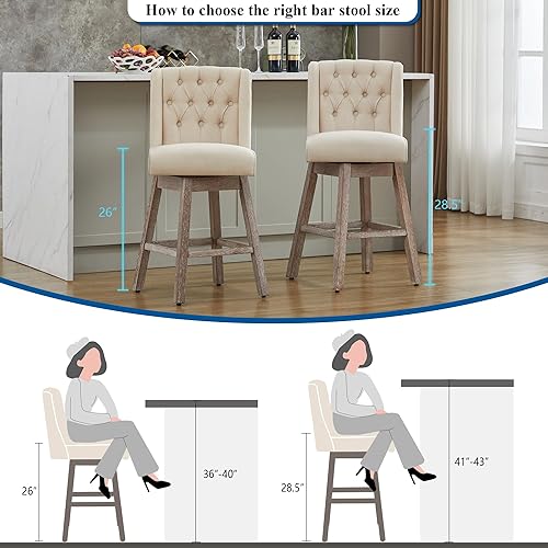 Miniatura 3 de Juego de 2 taburetes de bar de altura de mostrador, taburetes de bar giratorios de 360° con respaldo y patas de madera, taburetes de bar tapizados