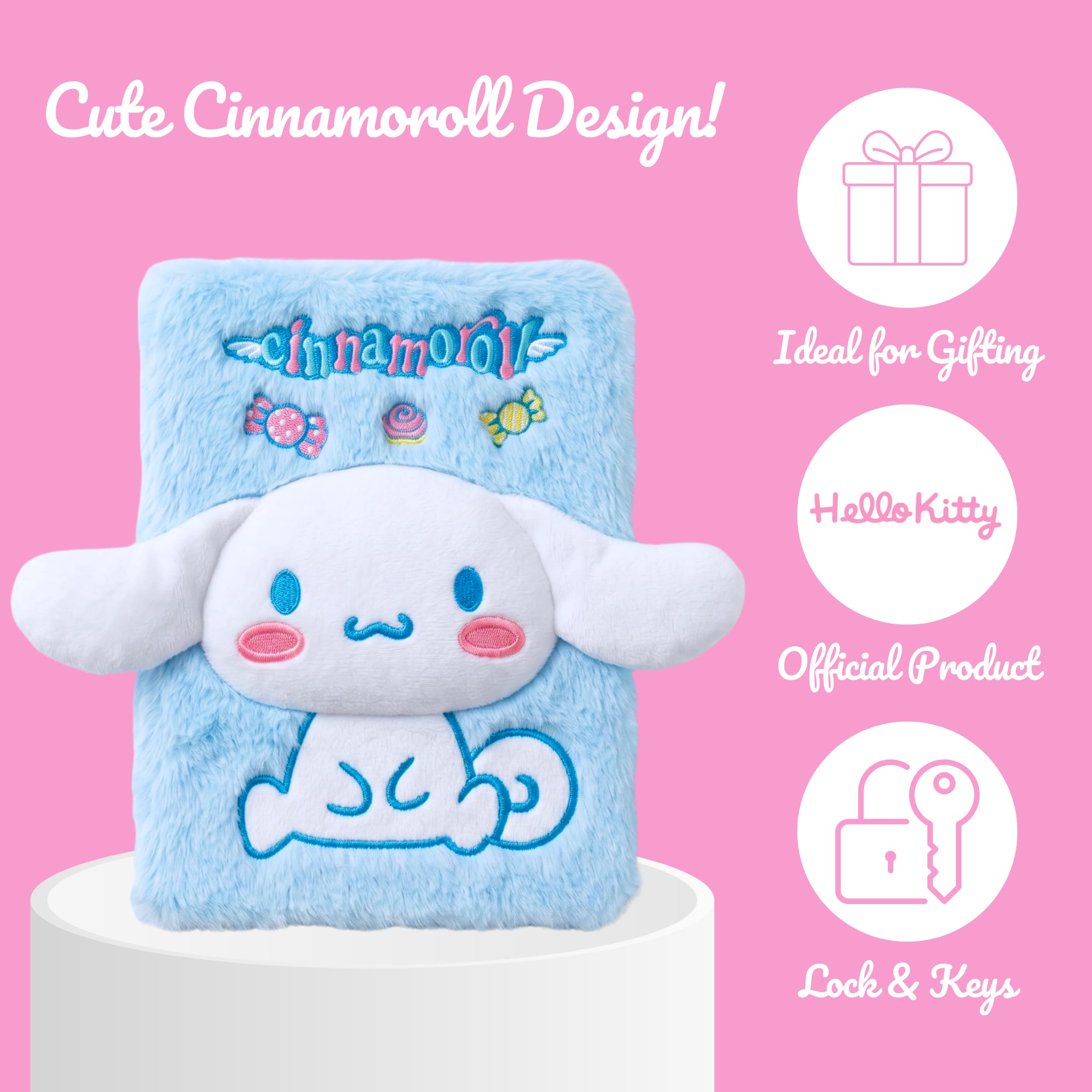 Hello Kitty Cinnamoroll Ensemble de Papeterie pour Filles, Comprenant Carnet en Peluche 3D, Règle, Taille-Crayon, Gomme, Bloc-Notes et Un Crayon, Cadeau pour Enfants