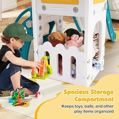 Miniatura 5 de BABY JOY Tobogán para niños pequeños, juego de tobogán 6 en 1 para interiores con aro de baloncesto, telescopio, escalera de escalada y espacio de