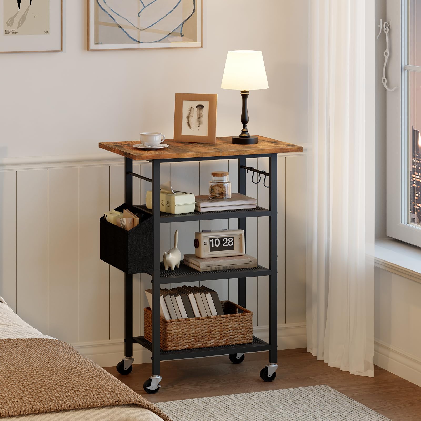 MAHANCRIS Support d’Imprimante à 4 Niveaux avec roulettes, Étagère de Rangement de Style Industriel, avec Pochette, Plateau en Bois, 2 Crochets, pour Bureau, Marron Rustique et Noir APTHR2601