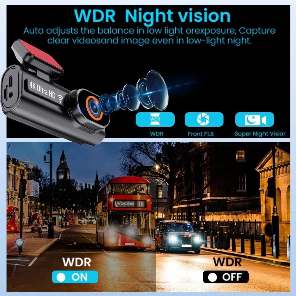 Kamera samochodowa 4K z nagrywaniem w pętli, 24-godzinnym monitorowaniem parkowania, nagrywarka 1080P z trybem nocnym, tylna kamera, obsługuje WiFi i GPS,32g