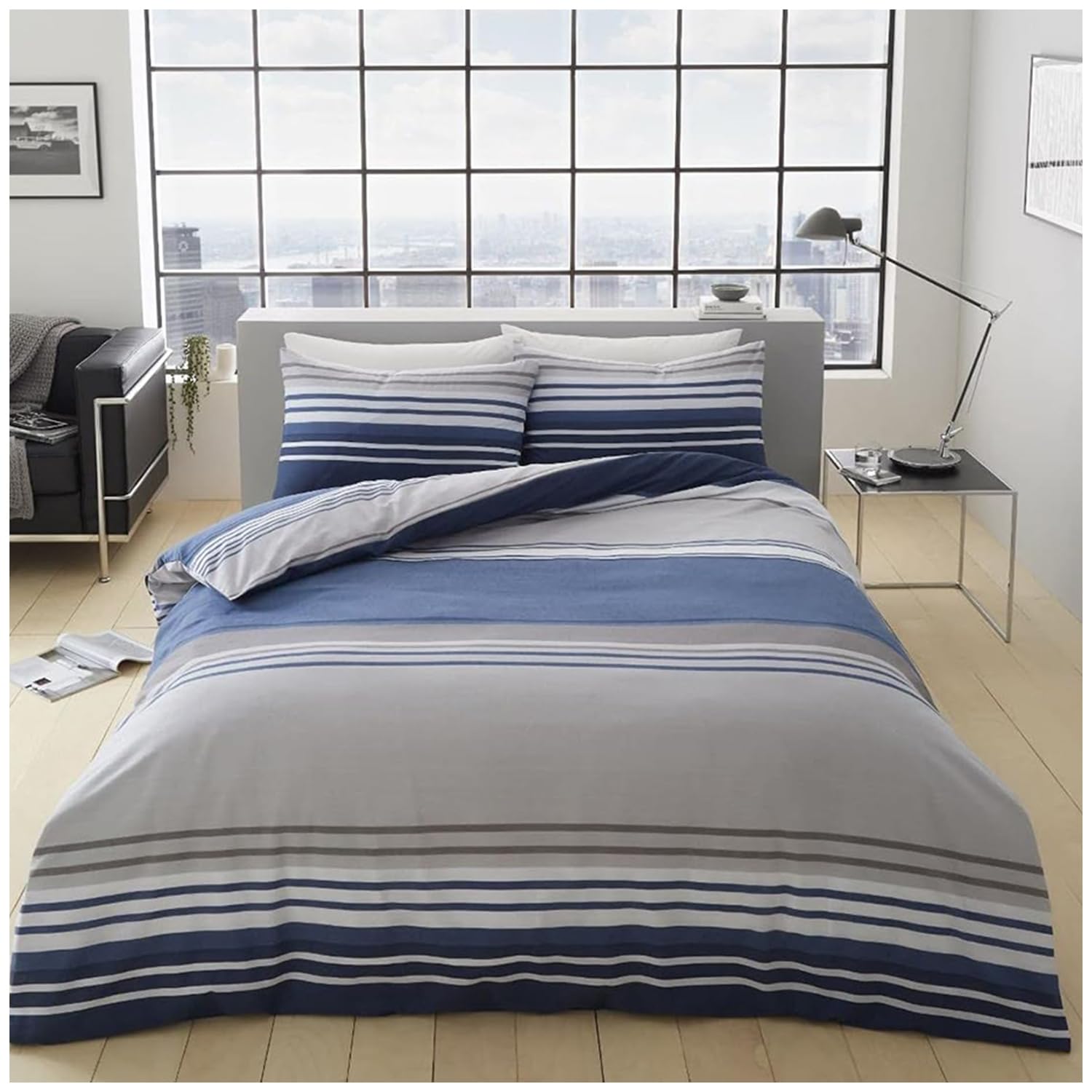 Gc Gaveno Cavailia Moxie-Blue Breathable Stripe Bedding Sets, Reversible Geometric Bed Set, Blue Duvet Cover, Single