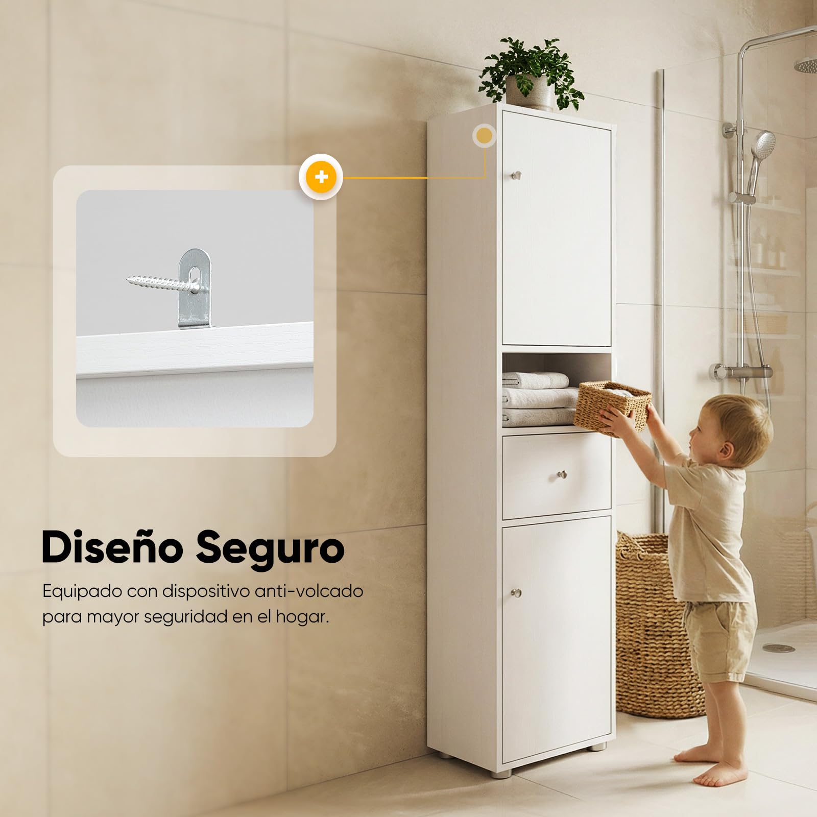 HOKEEPER Armario Estrecho y Alto para Baño, Mueble Baño Independiente con Cajón y Estanterías Ajustables