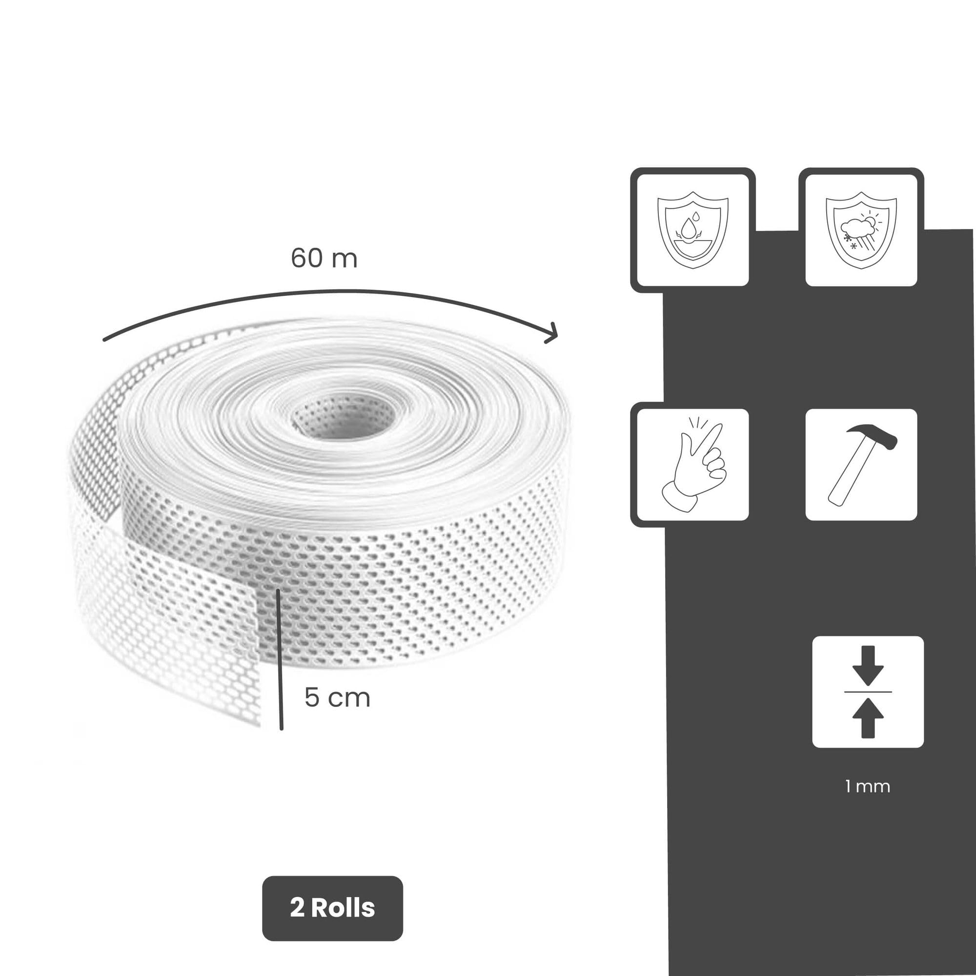 Fassadenprofile 2x rejilla ventilacion exterior de alero PVC 60m x 50mm Blanco, banda con perforacion oval y malla antipajaros para tejado y fachada