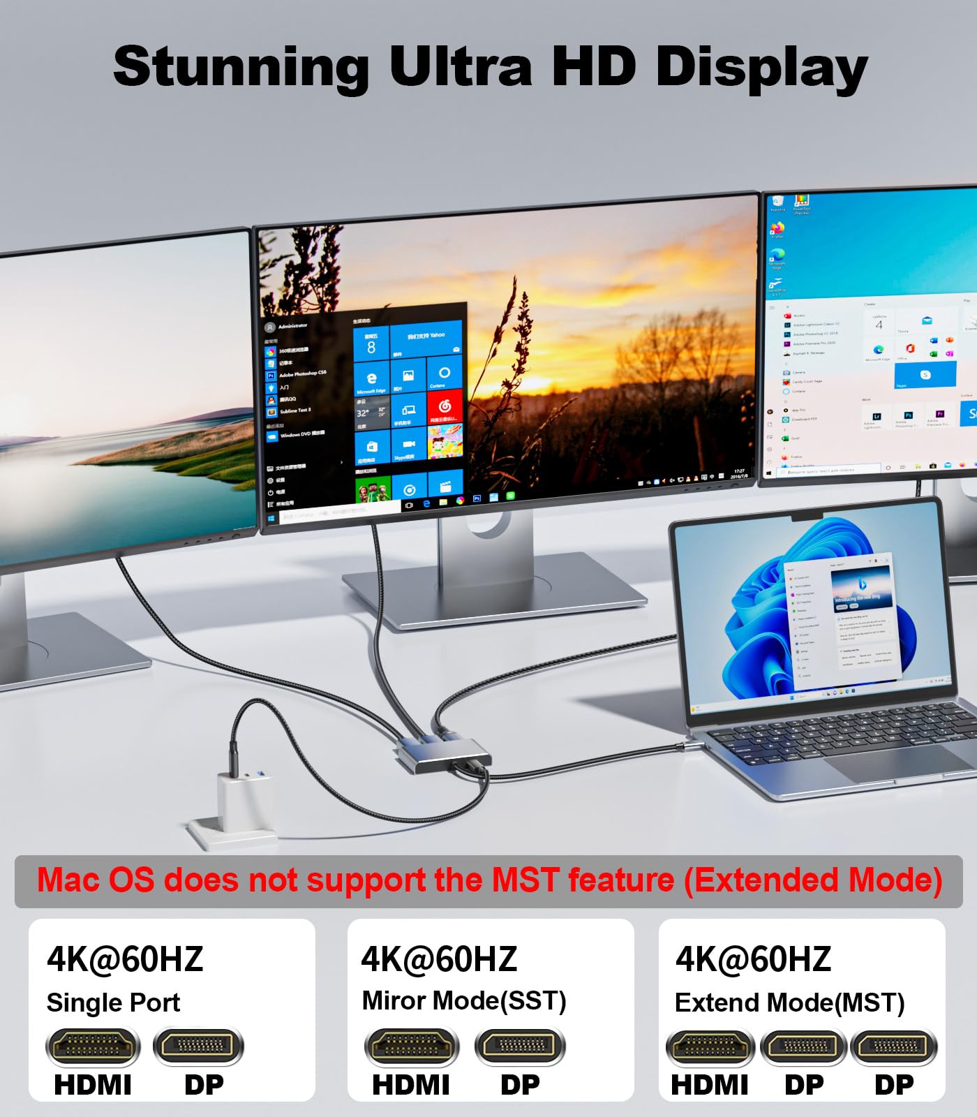 Adattatore da USB C a doppia DisplayPort e HDMI con ricarica PD da 100 W, triplo estensore monitor 4K60Hz per Dell/Surface Pro/HP, hub display esteso splitter DP, adattatore multi-schermo per