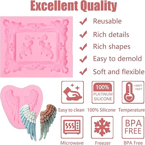 Miniatura 2 de Moldes de silicona de alas de ángel, 3 unidades, marco de fotos barroco para fondant para decoración de pasteles de chocolate, dulces, cupcakes,