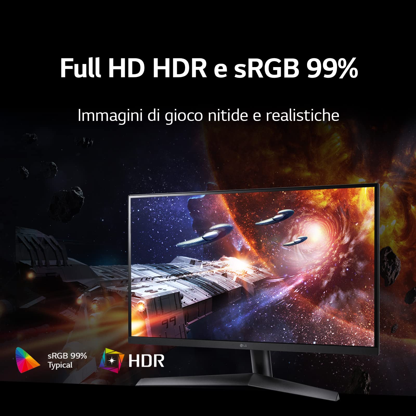LG 27GN60R UltraGear Gaming Monitor 27" Full HD IPS HDR 10, 1920x1080, 1ms, AMD FreeSync Premium 144Hz, HDMI 2.0 (HDCP 2.2), Display Port 1.4, AUX, Flicker Safe, Nero