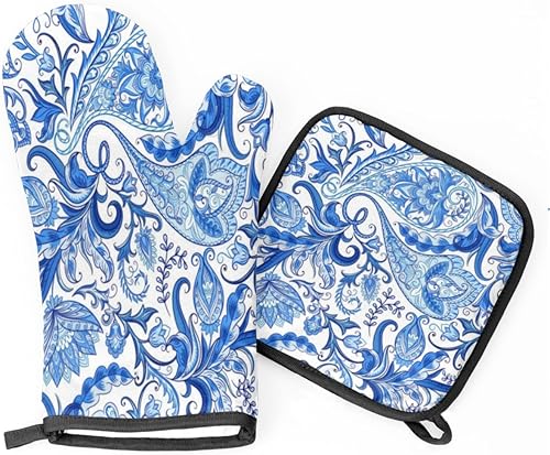 Juego de guantes de horno y soportes para ollas con patrón de cachemira azul y blanco, guantes de horno antideslizantes resistentes al calor y