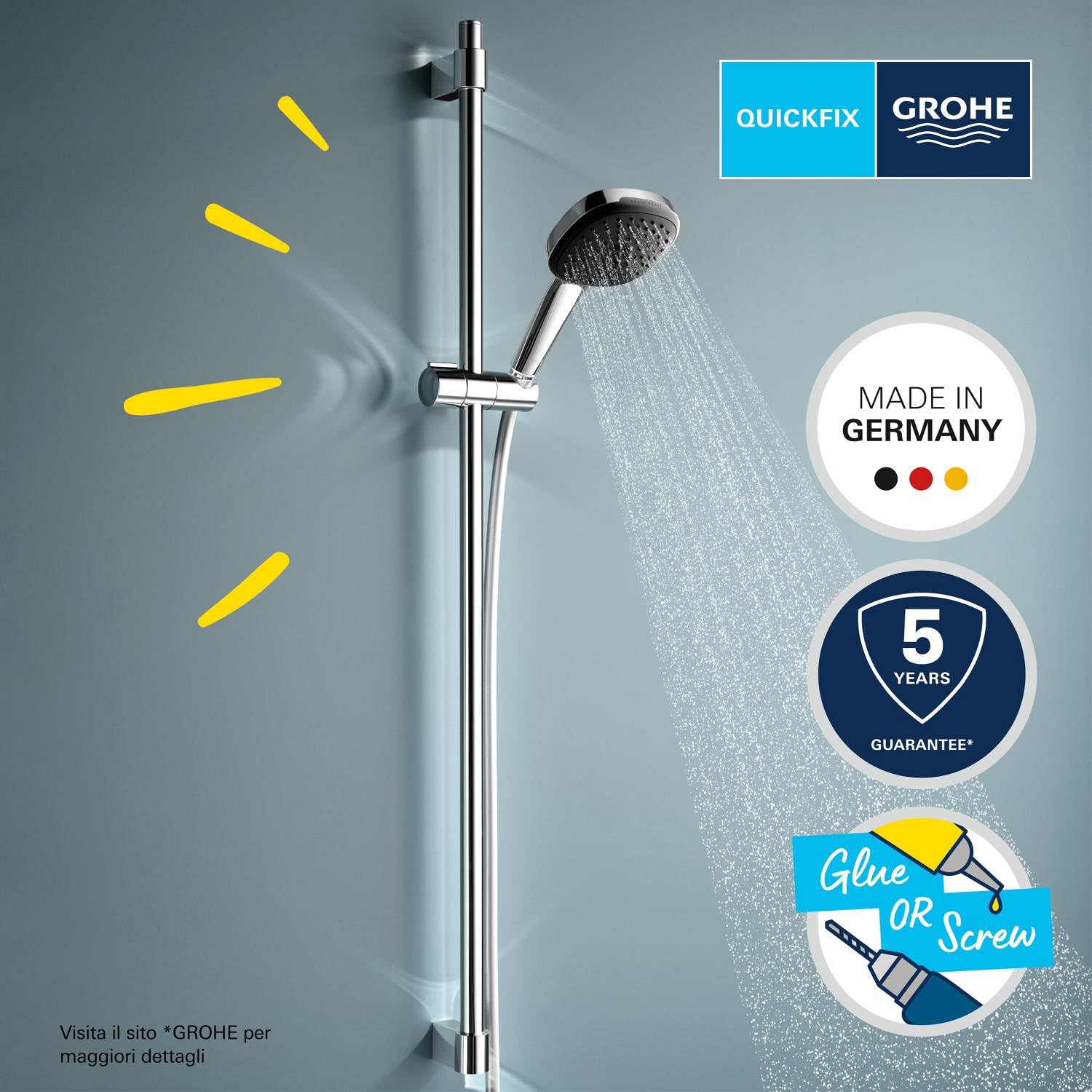 GROHE Vitalio Comfort 110 Set Saliscendi Doccia (3 getti Rain Jet Massage, asta 600 mm, flessibile 1,75 m, SpeedClean anticalcare), Cromo, 26932001
