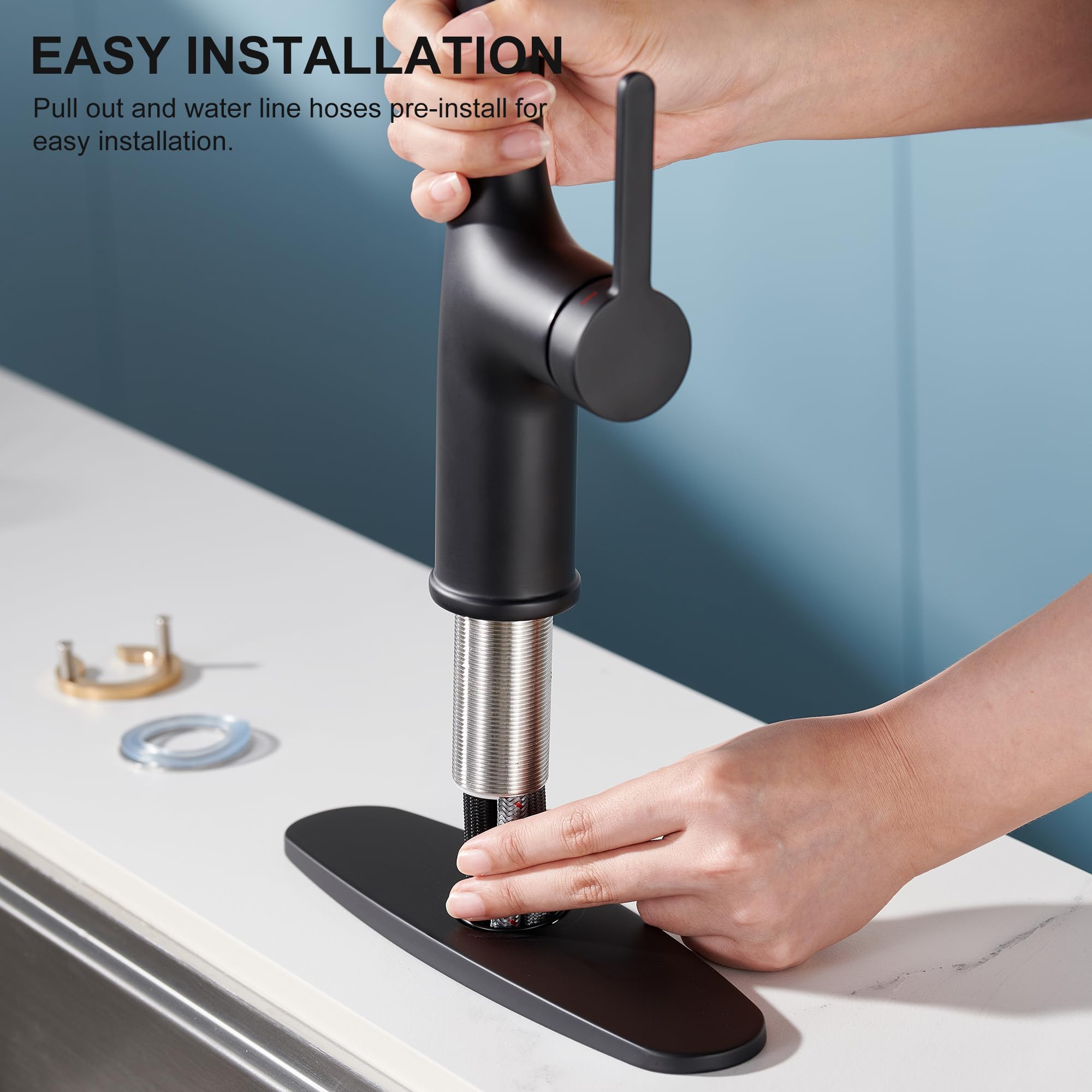 Grifo de cocina negro con rociador extraíble, grifos de fregadero de cocina con placa de cubierta de 3 funciones, rociador extraíble, moderno grifo de cocina comercial de una sola manija