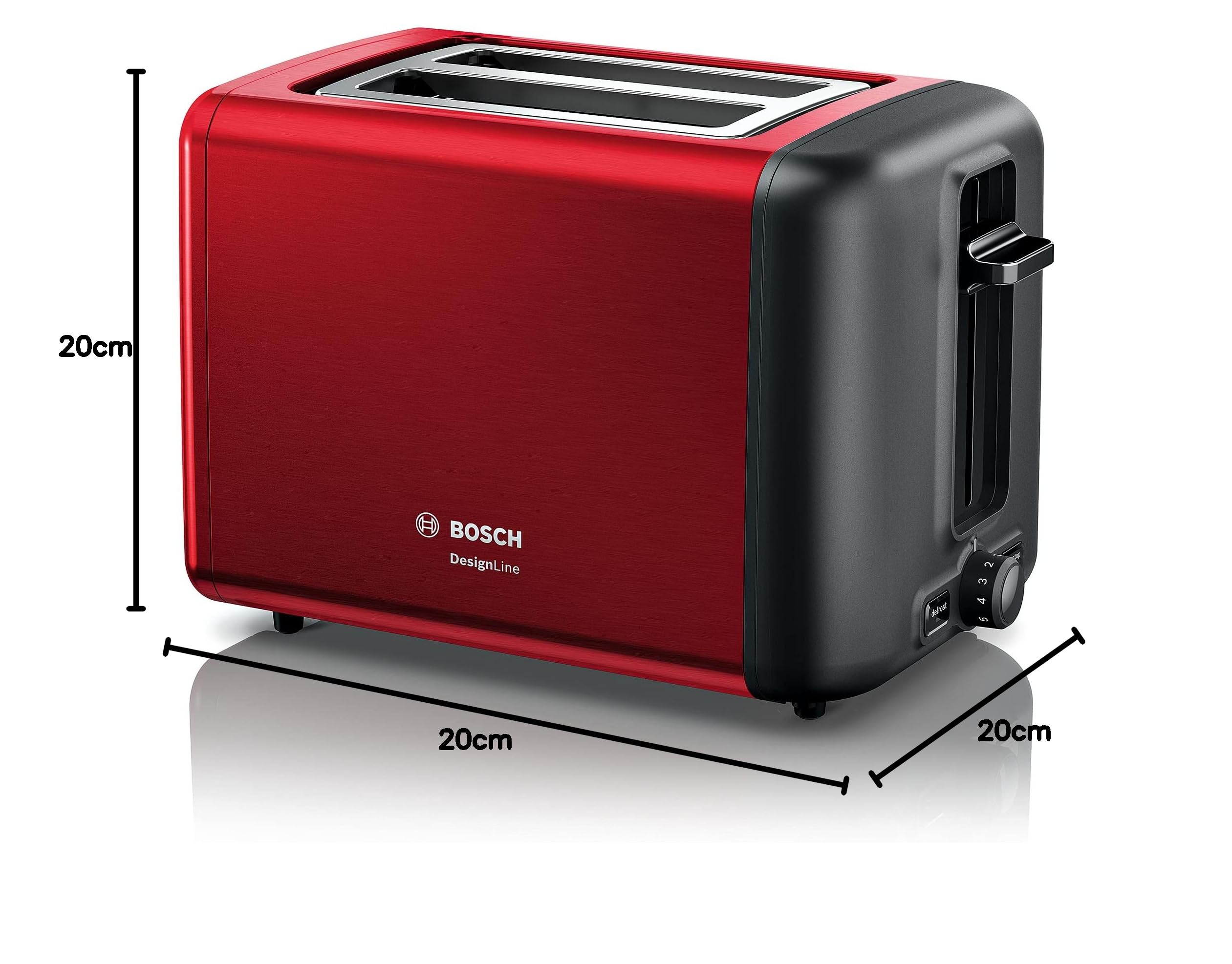 Bosch TAT4P424DE - Tostapane compatto DesignLine in acciaio INOX, con funzione di scongelamento, perfetto per 2 fette di tostapane e funzione lifting, largo, 970 W, colore: rosso