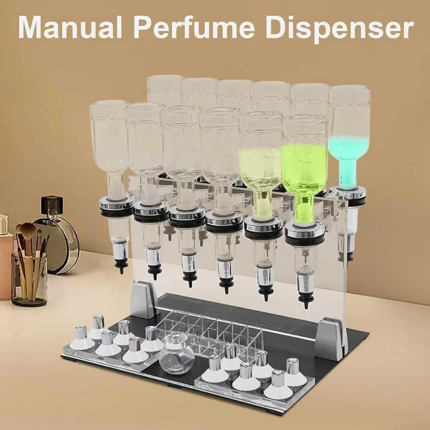 Distributore manuale di profumo per scrivania, riempitrice di liquidi con tazze di prova del profumo, riempitrice e espositore per bar, studi e saloni