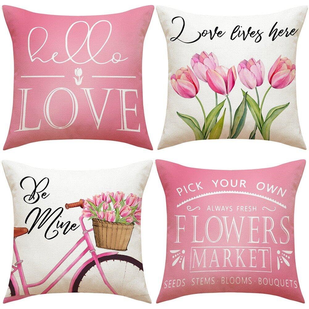 Housse de coussin tulipes roses Saint-Valentin pour déco de canapé fille