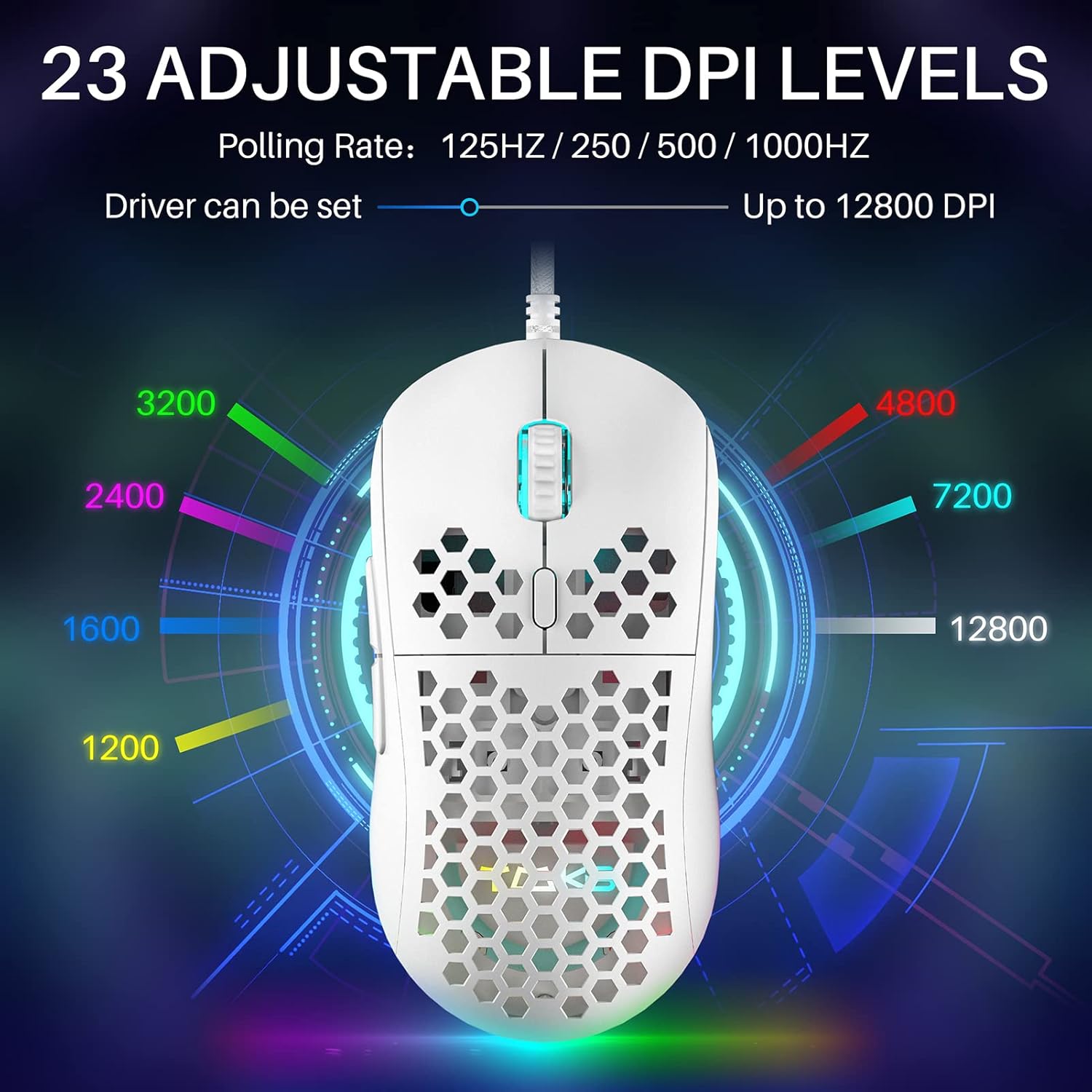 DIERYA M1SE Wired Gaming Mouse, 12800DPI Optical Sensor, 6 Programmable Buttons, Customizable RGB Honeycomb Mouse, Draught-Free Paracord, Ergonomic Design Computer Mouse for Windows PC Player, White
