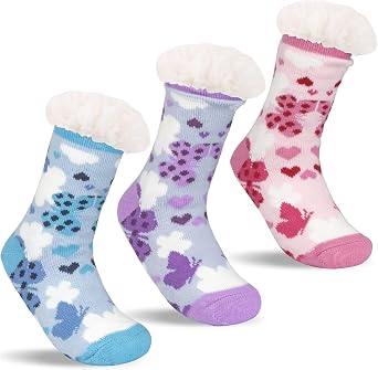 3 Pairs Fuzzy Slipper Socks for Women Men, Winter Warm Soft Fleece Lined Non Skid