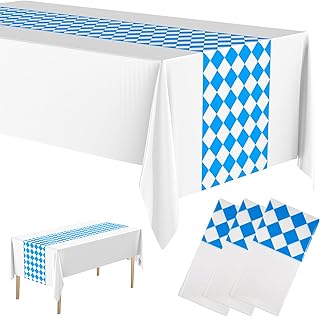 Cholemy 3 Pcs Oktoberfest Tablecloth Blue and White Disposable Oktoberfest Tablecover Plastic Rectangular Oktoberfest Decorations for German Bavarian Oktoberfest Themed Party Supplies, 54 x 108 Inches