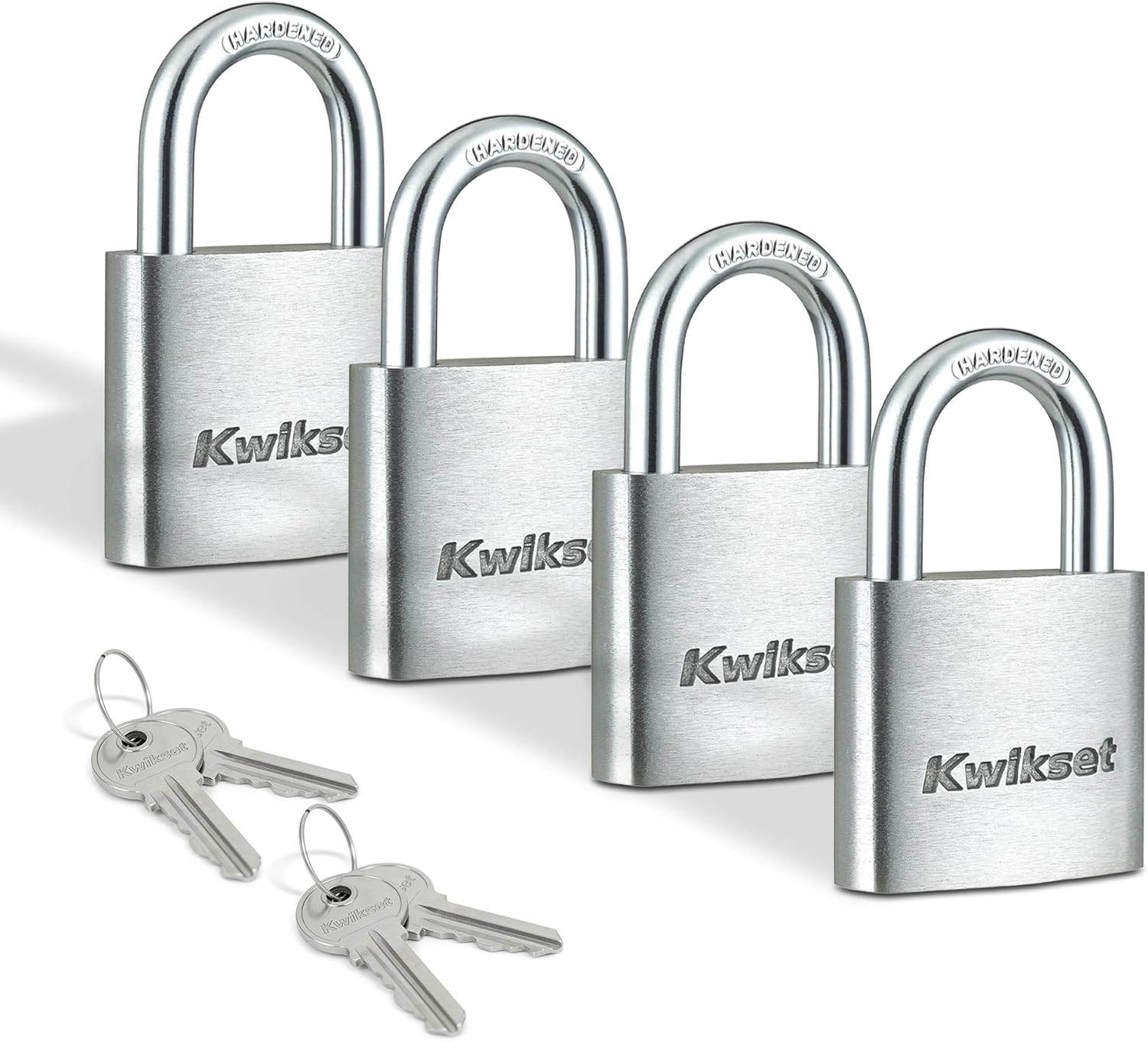 Kwikset Aluminum Padlock with Hardened Steel Shackle, Outdoor Shed and Gate Lock, 1-1/2 in Body, 7/8 in Shackle, 4 Pack Keyed Alike, Silver