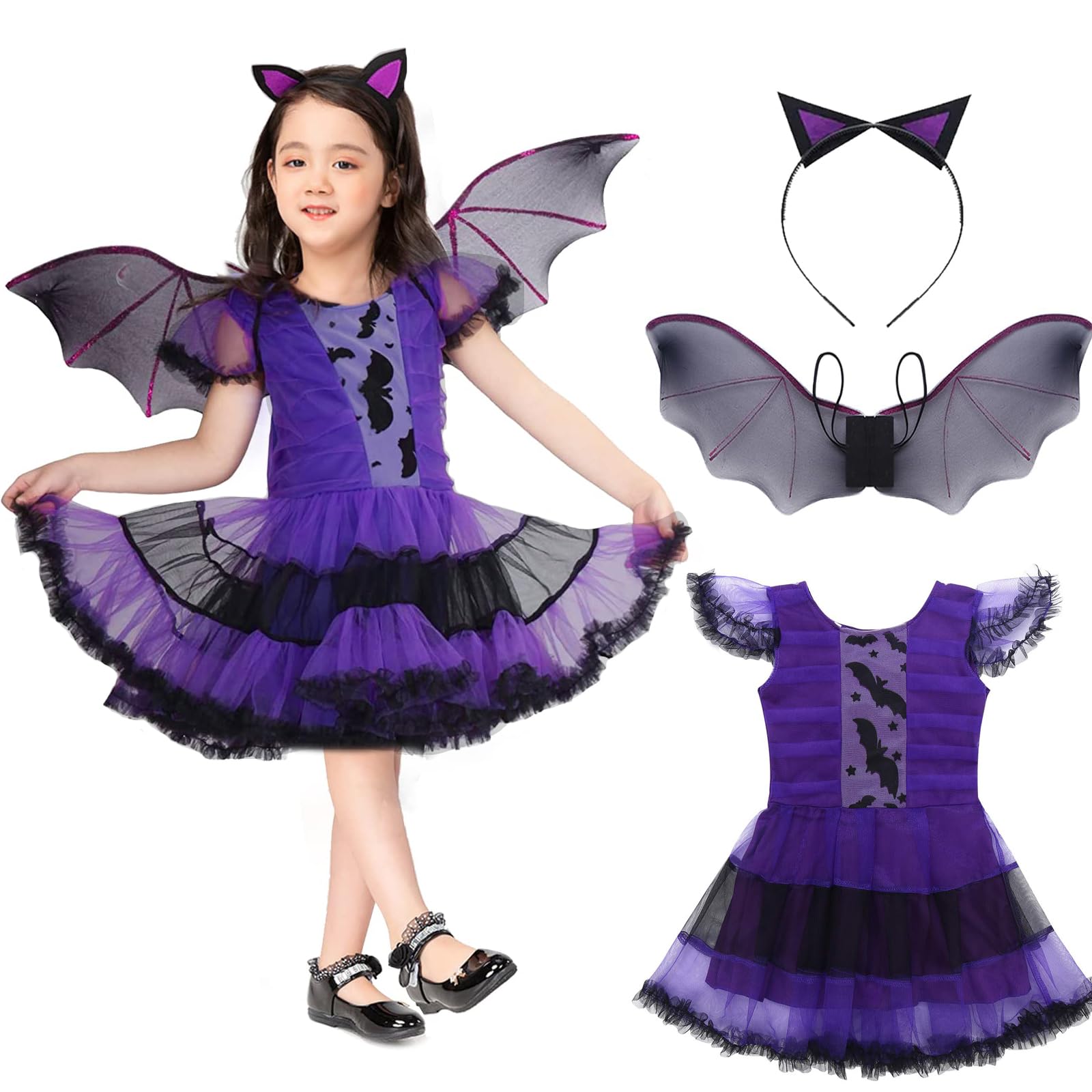 Huifengjie Disfraz Halloween Niña, Disfraces Halloween para Niñas, Halloween Disfraz con Alas Murcielago y Diadema, Disfraz Murcielago Niña para Halloween Carnaval Fiesta Cosplay(3-9 Años)