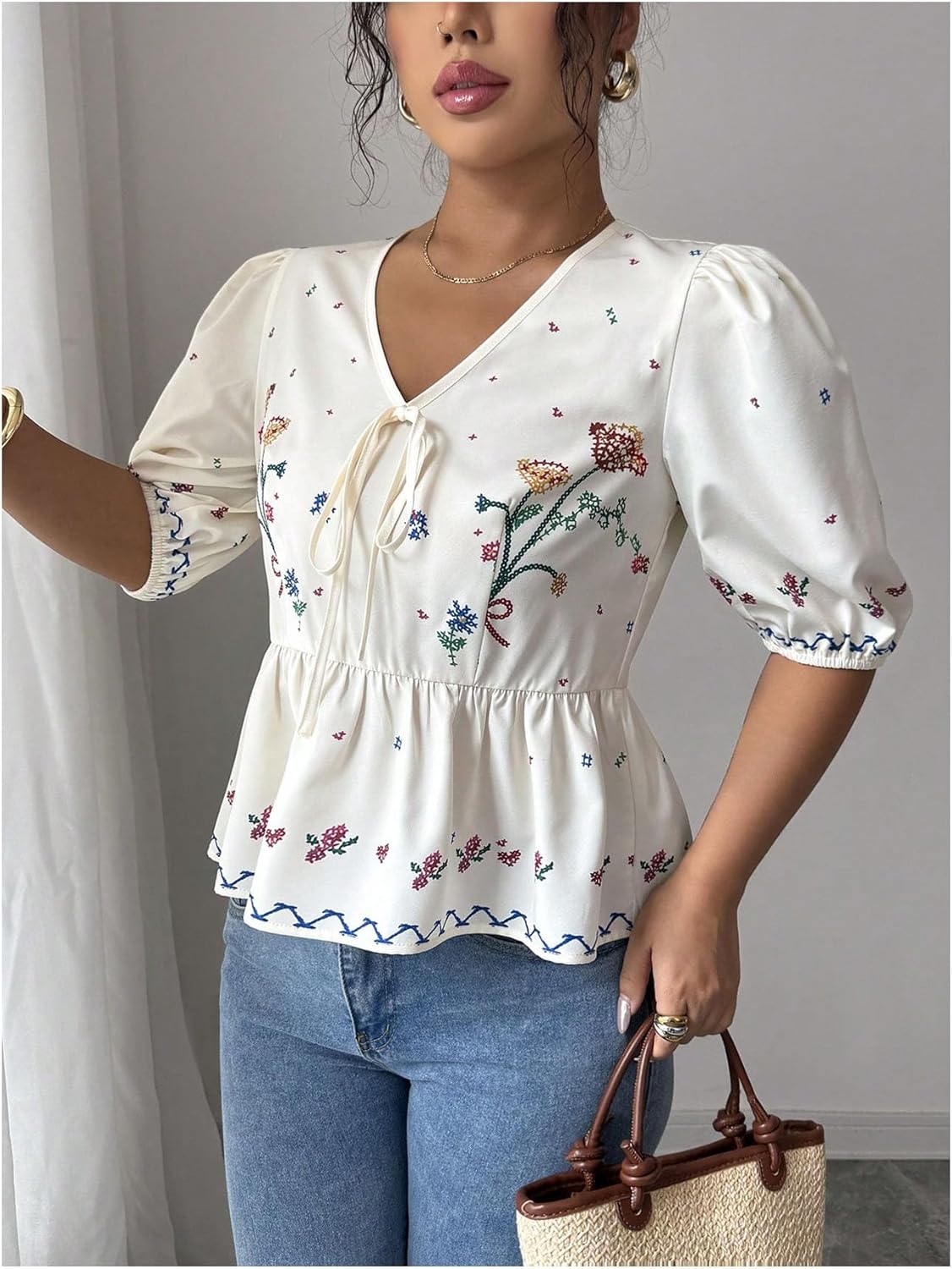 SOLY HUX Women's Floral Print Tie Front V Neck Summer Peplum Blouse Half Sleeve Boho Babydoll Shirt Tops - Image 5