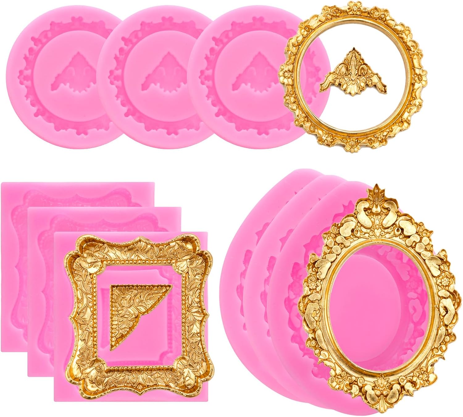 9 Pcs Vintage Baroque Photo Frame Silicone Molds, 3 Styles Picture Frame Fondant Molds for Cake Decorating, Cupcake Topper, Chocolate Candy & Polymer Clay Crafts