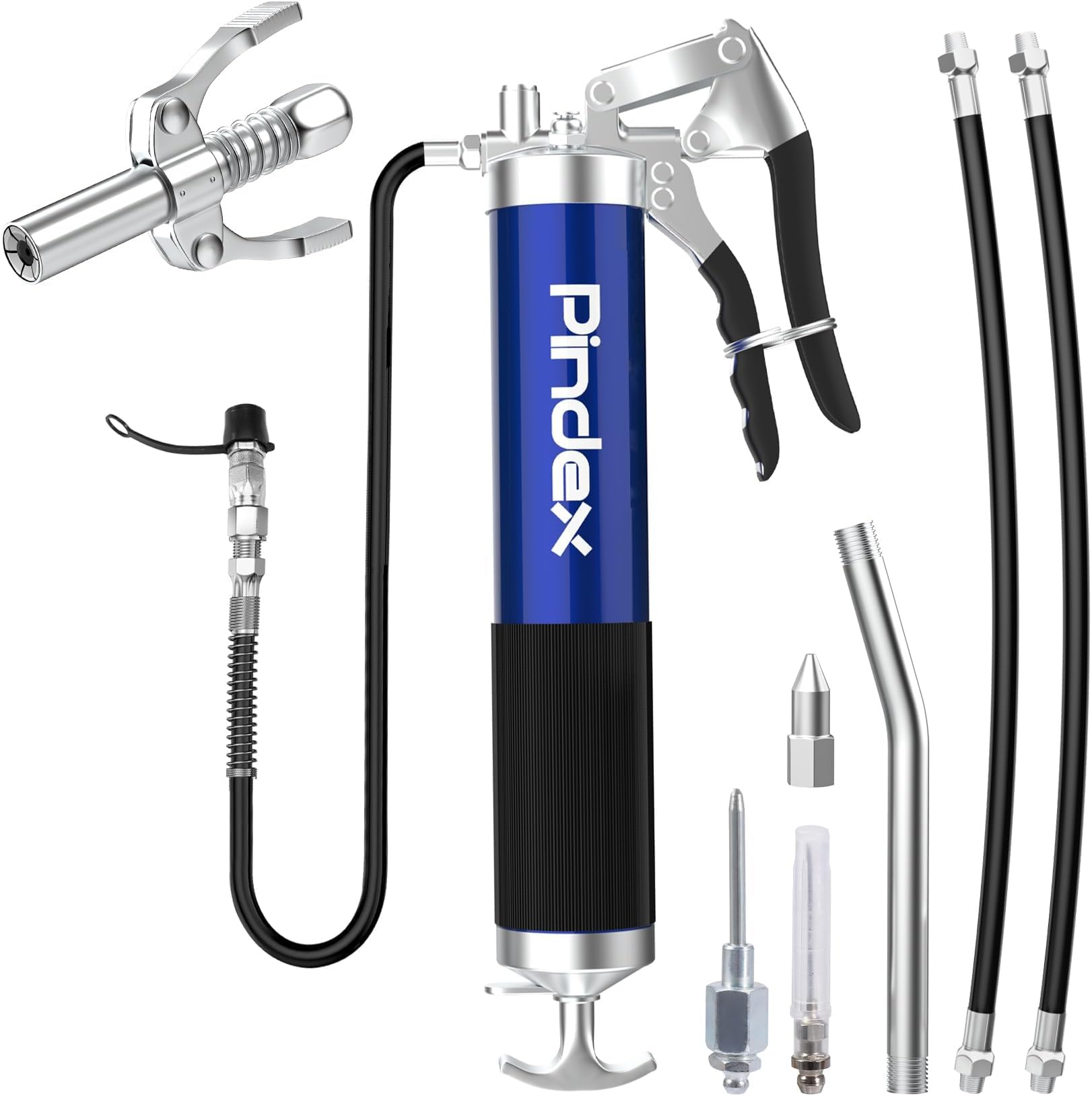 Pindex Grease Gun with Coupler, Manual Grease Gun Hand Pump with Coupler 3 Flexible Hose Needle for 400g Cartridge with Fitting End Nozzle