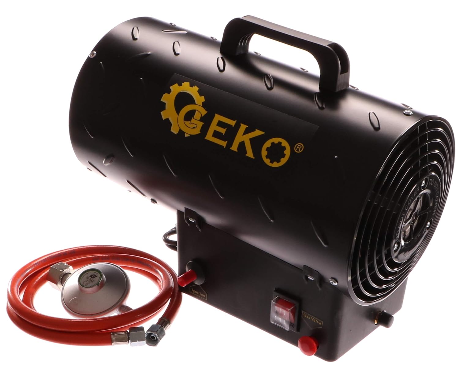 Geko G80410 15 kW LPG Gas Heater, side view with gas hose and power cable
