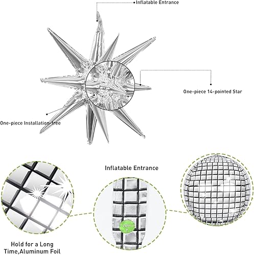 Miniatura 4 de 10 globos de discoteca de fiesta, 6 globos de discoteca 4D, globos metálicos de aluminio de espejo y 4 globos de cono de aluminio de explosión