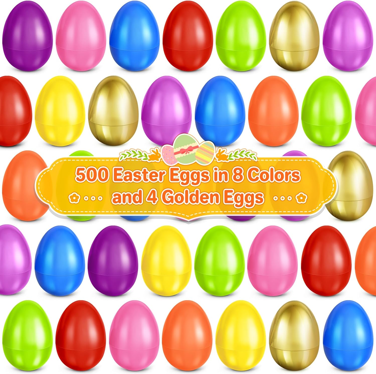 SpringFlower 2.3” Unfilled Easter Eggs, 500 pcs Colorful Egg Plus 4 Golden Egg, Empty Plastic Eggs Fillable with Candy, Treats, Presents for Toy Basket,Easter Decorations, Toy Egg Basket,Boys & Girls