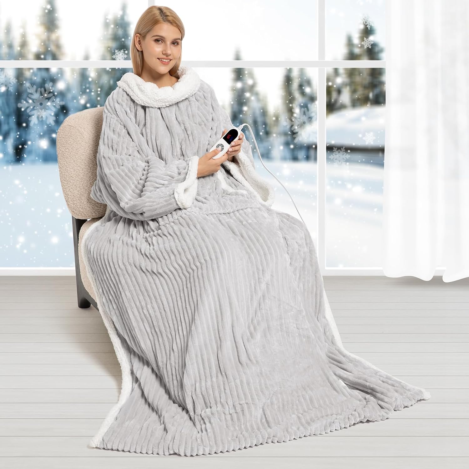 Electric Blanket Heated Throw, Soft Flannel & Sherpa Wearable Heated Blanket with Sleeves, Heating Wearable Blanket with 6 Heating Levels & 12H Auto Off, ETL Certified, Home Office Use 52x72 Inch Grey