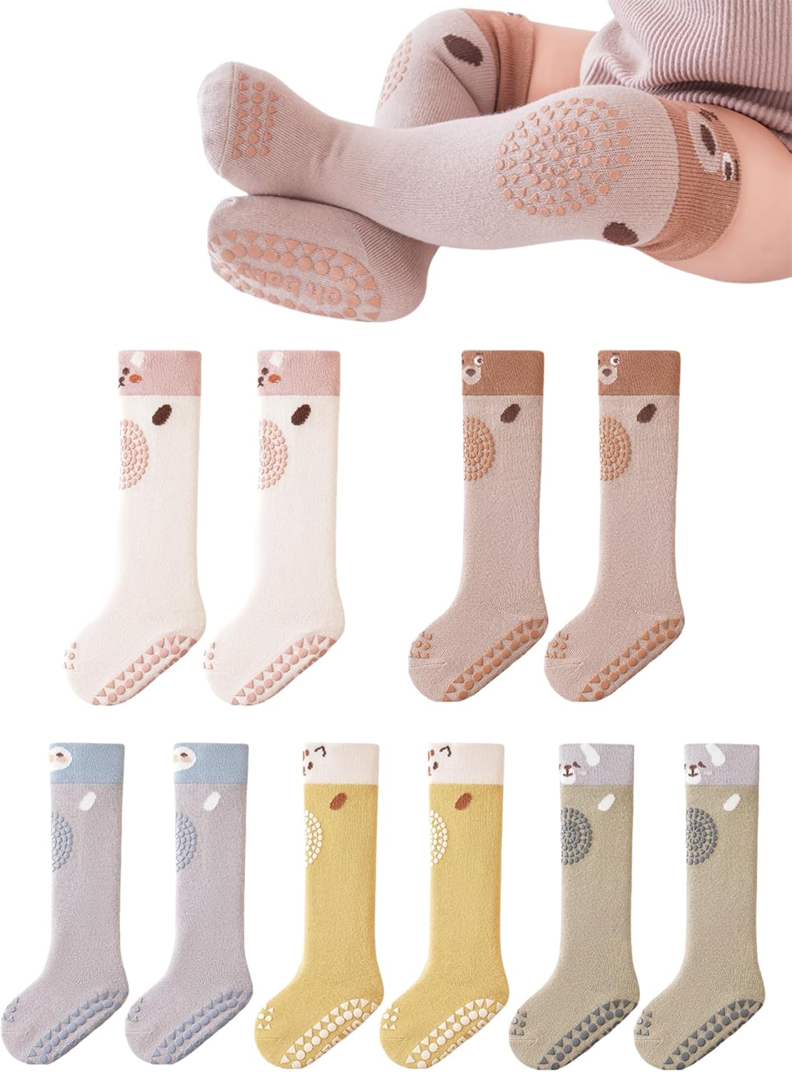 Baby Toddler Knee High Non Slip Socks Girl Boy Non-Skid Socks Newborn Infant Floor Crawling Stockings 5 Packs