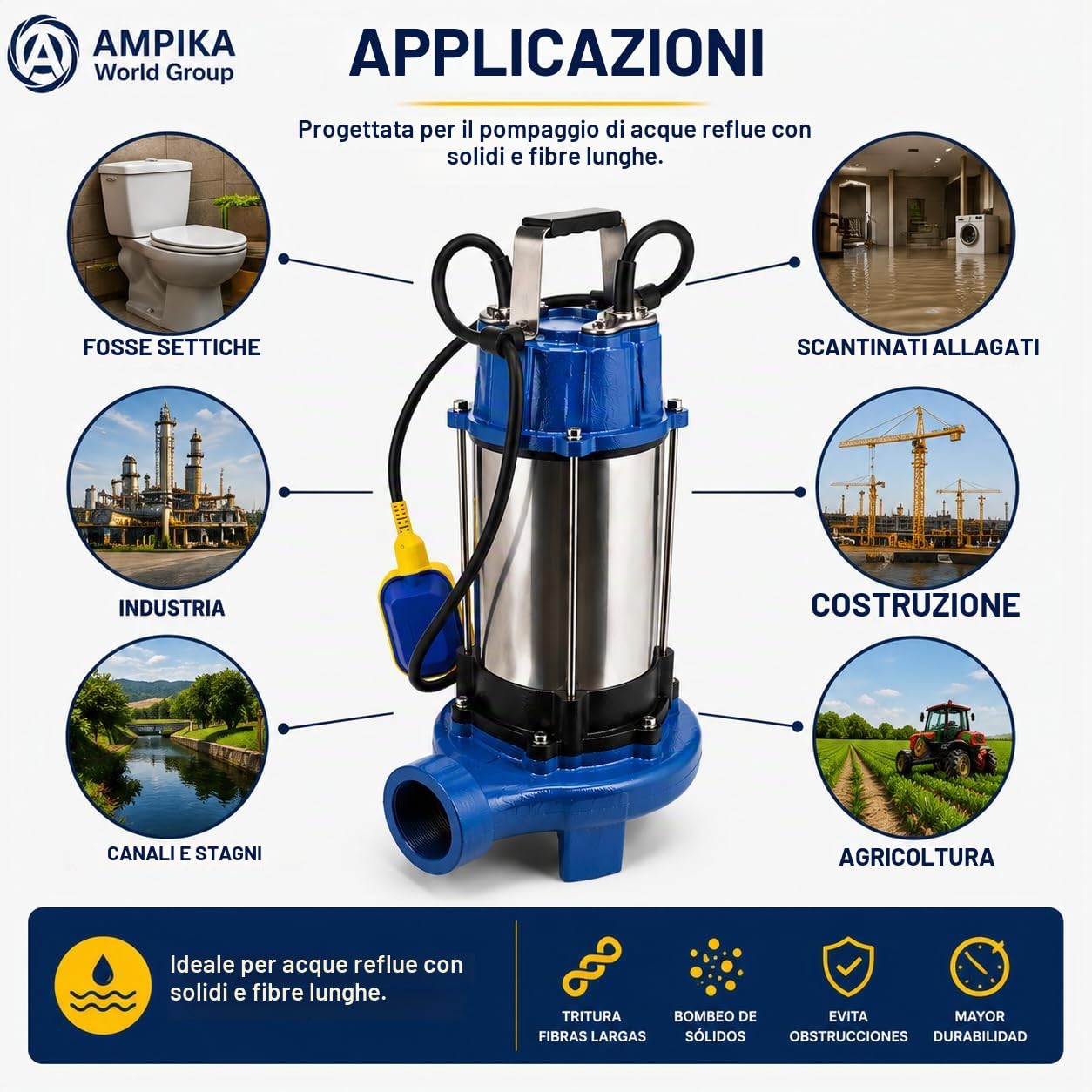 Ampika Pompa fecale con frantoio e galleggiante QW-1300DF per acque sporche, pompa di immersione per acque reflue 1300 W, 18 300 l/h, altezza di azionamento max. 5 m