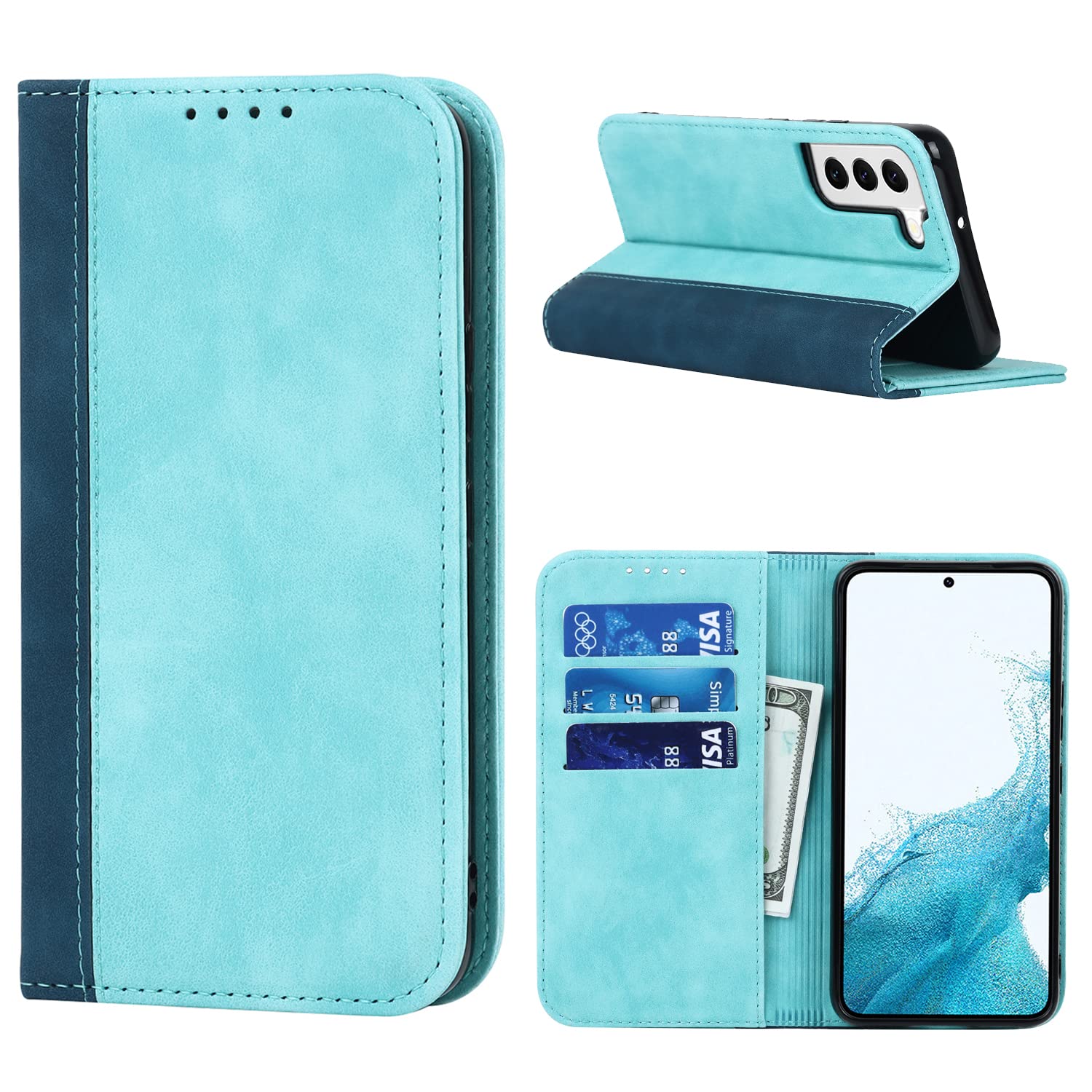 for Galaxy S22 ケース手帳型 対応 SC-51C SCG13 携帯カバー Pelanty 財布カード入れ 横置きスタンド機能 内蔵マグネット 合成皮革 TPU サムスン ギャラクシーS22 5g スマホケース 耐衝撃 2色組合せ スカイブルー X ネイビー