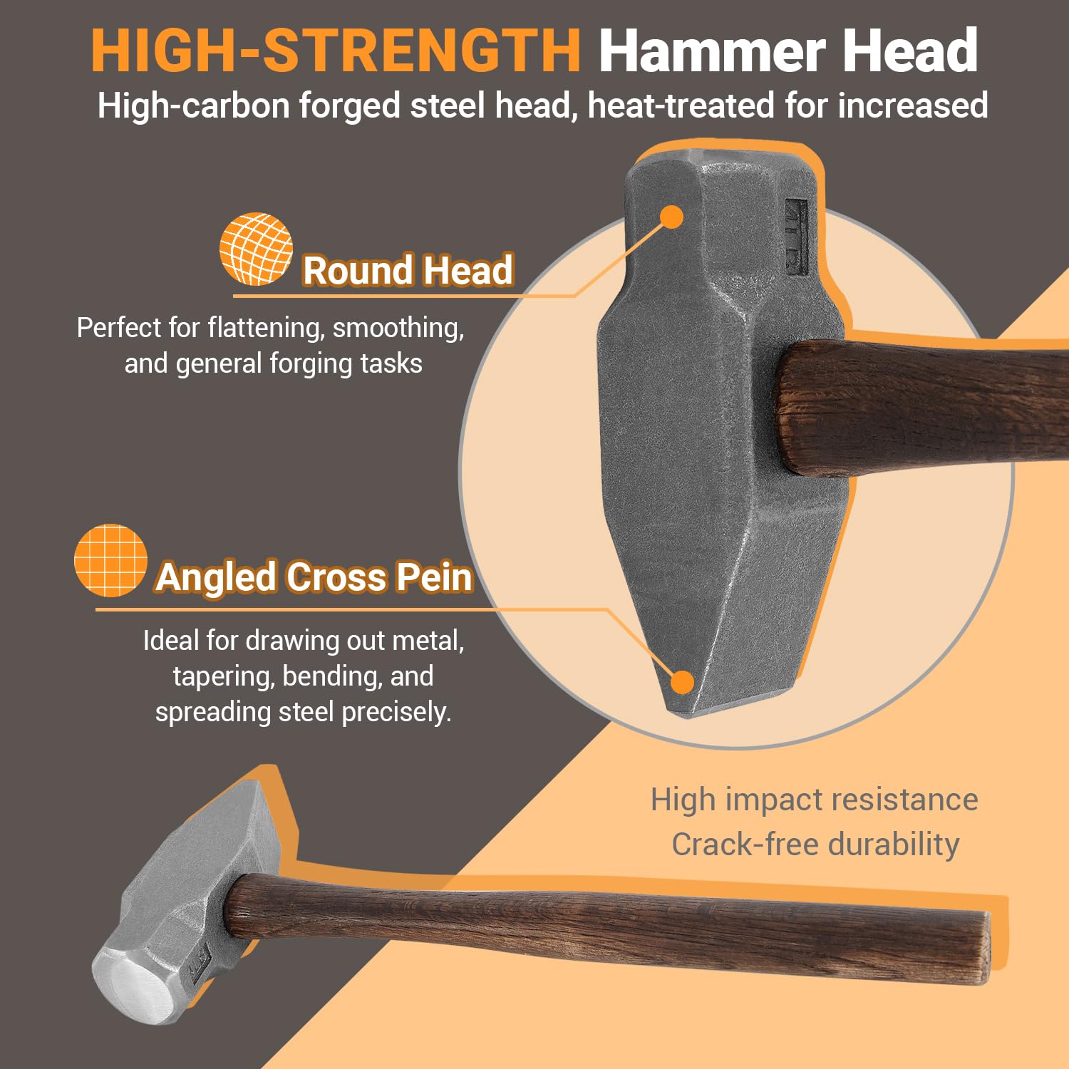 4.0LB Blacksmith Sledge Hammer Heavy-Duty Forged Steel Cross Peen